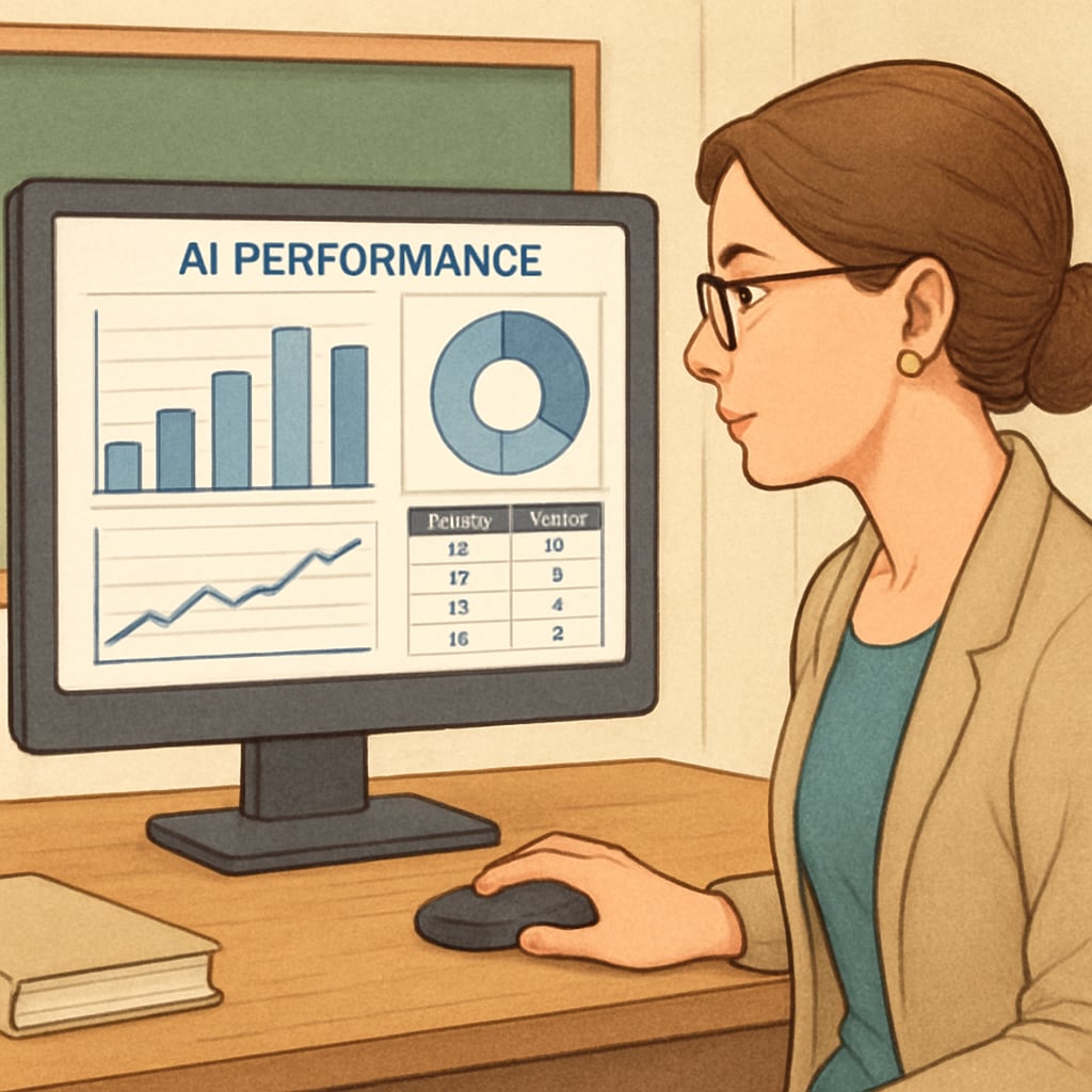 A teacher analyzes AI-generated performance metrics on a computer dashboard with visual data representations Productivity applications with AI feedback helping educators track student progress