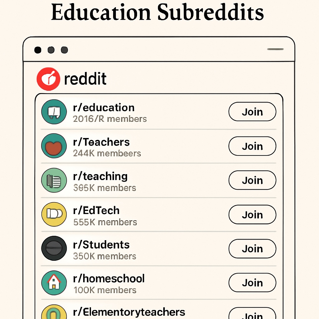 A screenshot showing multiple education-related subreddits on Reddit's platform with their icons and member counts Reddit education communities and subreddits interface