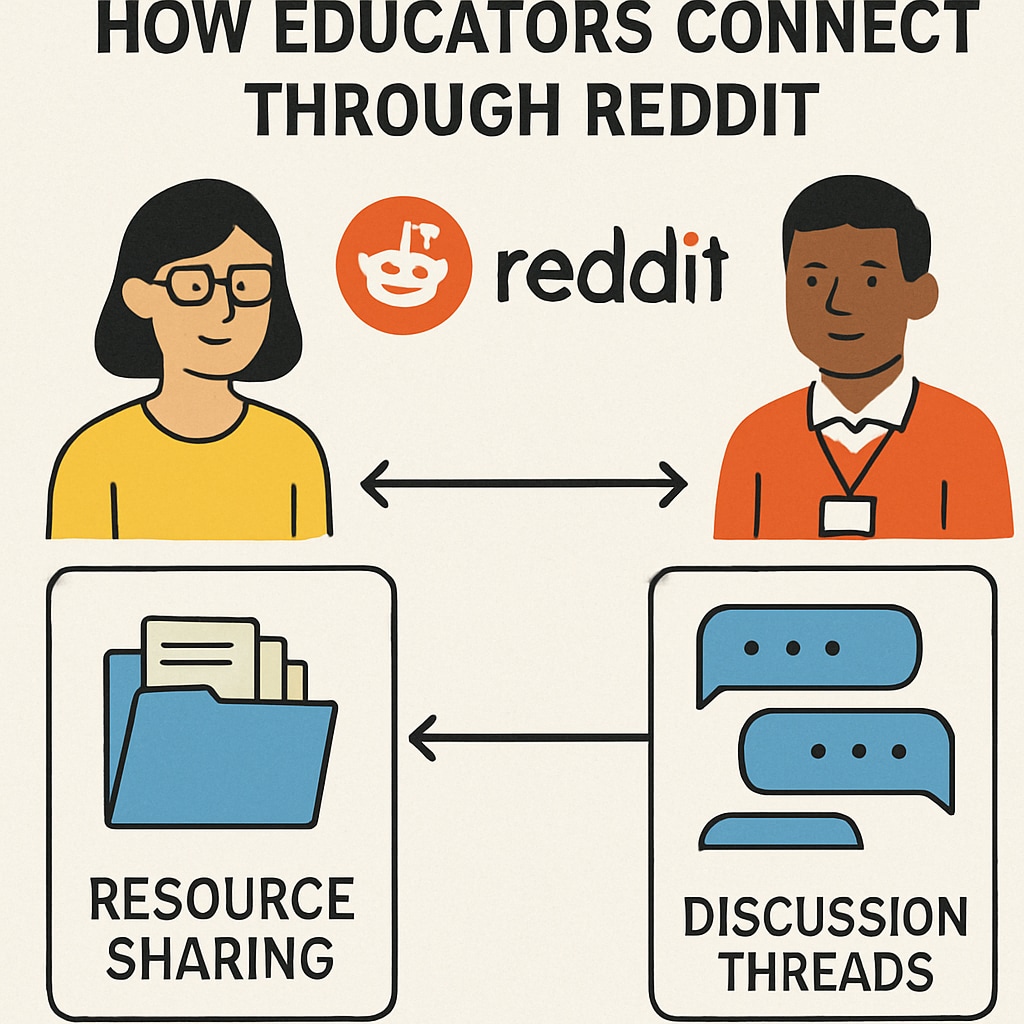 An infographic illustrating how educators connect through Reddit's platform with arrows showing resource sharing and discussion threads Education network connections on Reddit