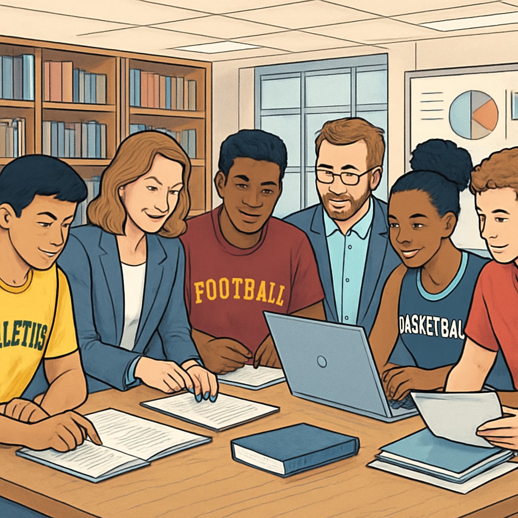 Diverse group of college student-athletes working together with academic advisors in a modern campus learning commons, reviewing papers and laptops Student-athletes receiving academic support to maintain integrity against AI cheating