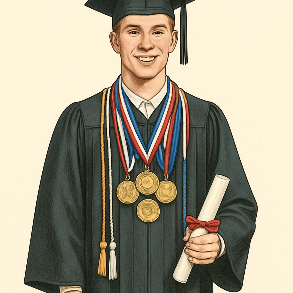 Close-up of a graduating student-athlete in cap and gown, holding diploma while displaying multiple academic honor cords and athletic achievement medals Successful student-athlete balancing academic integrity and sports excellence