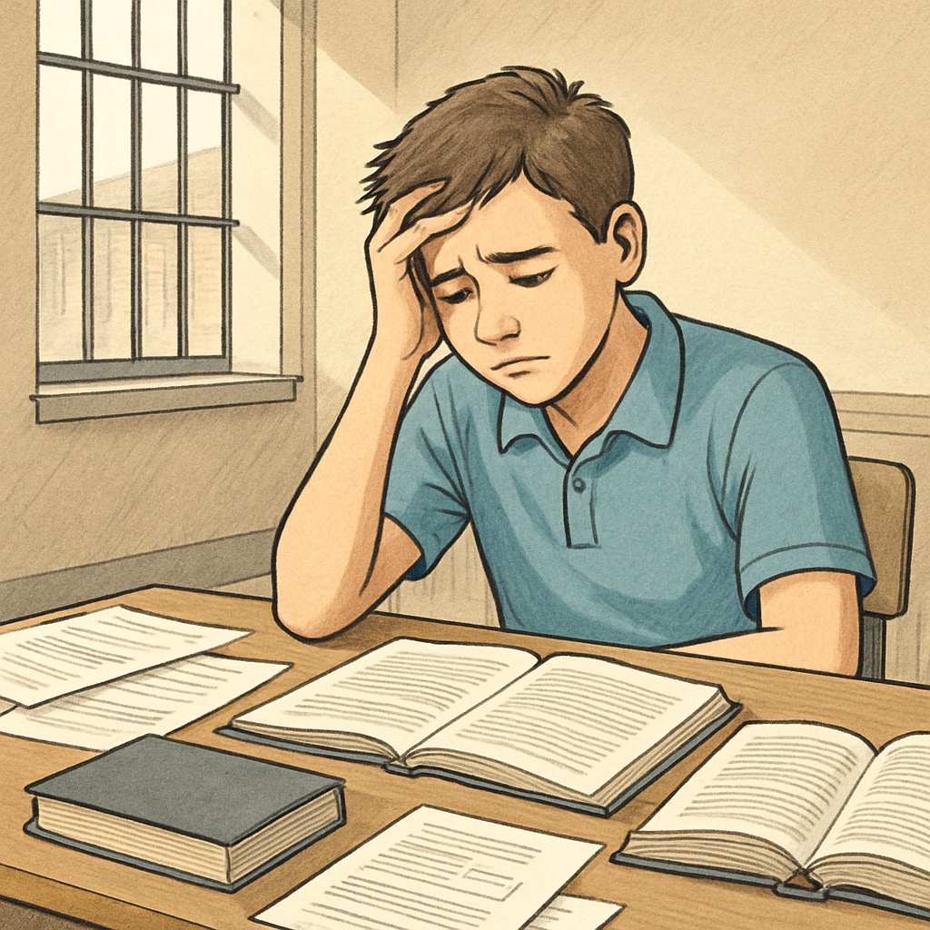 A discouraged teenage boy sitting at a wooden desk covered with scattered papers and textbooks, sunlight barely entering through barred classroom windows Lost academic potential in flawed education environment