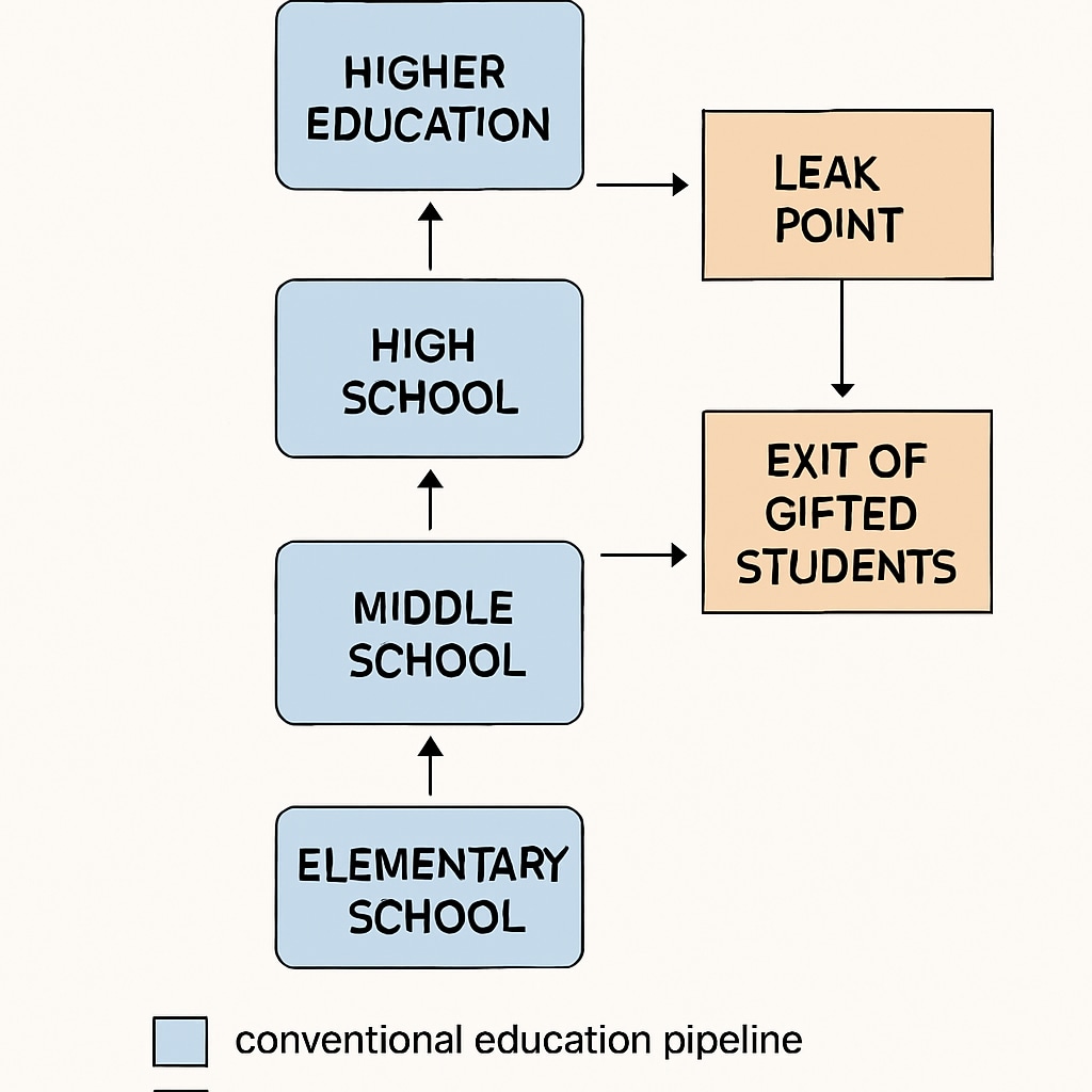 An infographic illustrating how students move through conventional education pipelines with Systemic failures in academic potential development