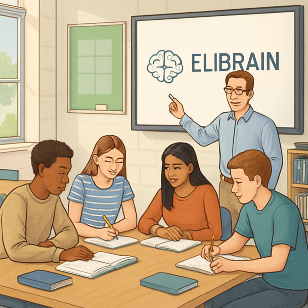 Diverse group of high school students collaborating while teacher uses ELIBRAIN on smartboard Classroom implementation of ELIBRAIN teaching assistance tools