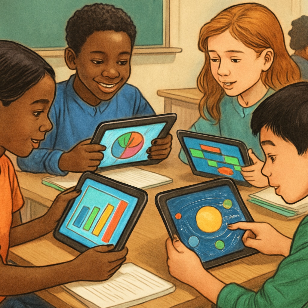 Diverse group of K12 students using tablets with colorful educational visualizations Students engaging with visual learning tools in classroom