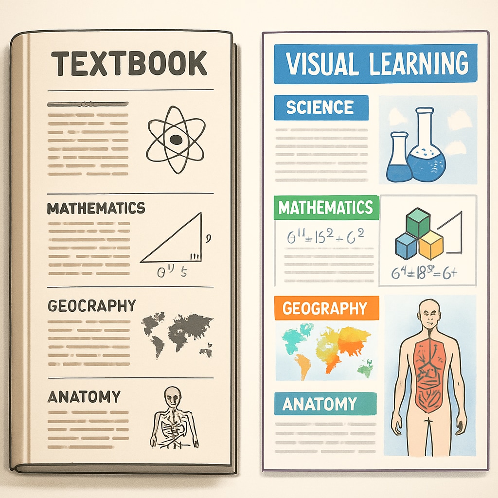 Comparison showing traditional textbook versus modern visual learning materials Traditional vs visual educational content comparison