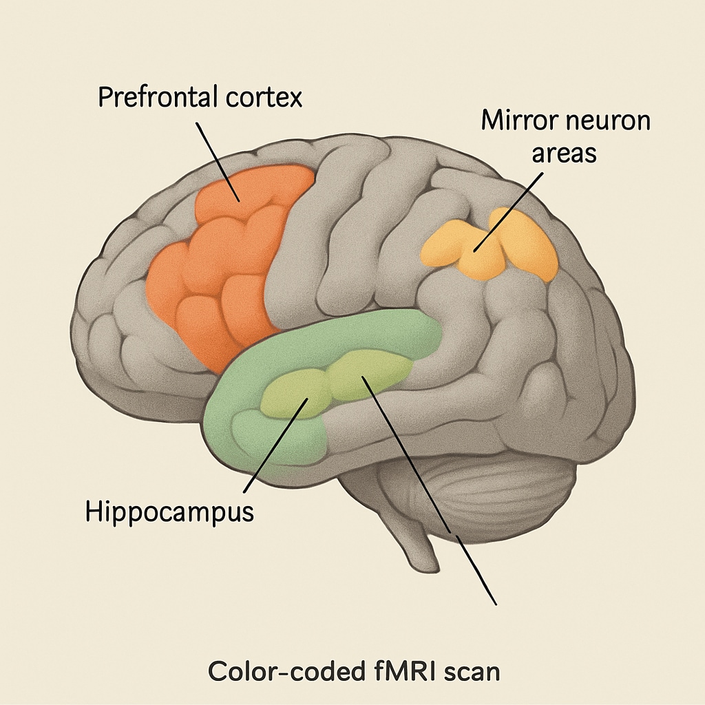 Color-coded fMRI scan showing brain activation patterns during story comprehension, with labels for hippocampus, prefrontal cortex, and mirror neuron regions Neuroscience of storytelling pedagogy for identity transformation