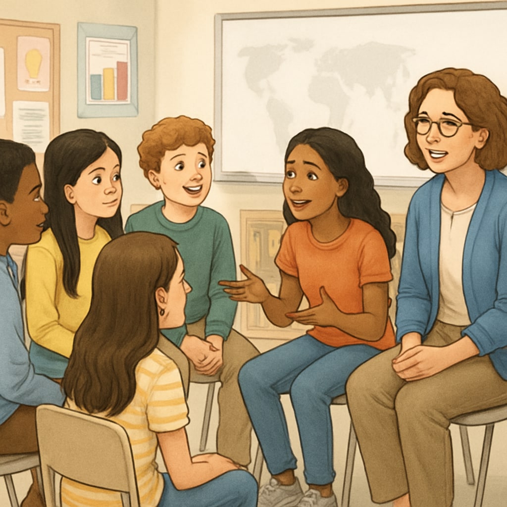 Diverse group of middle school students sitting in a circle sharing personal stories, with teacher facilitating discussion Storytelling pedagogy in classroom identity transformation activity