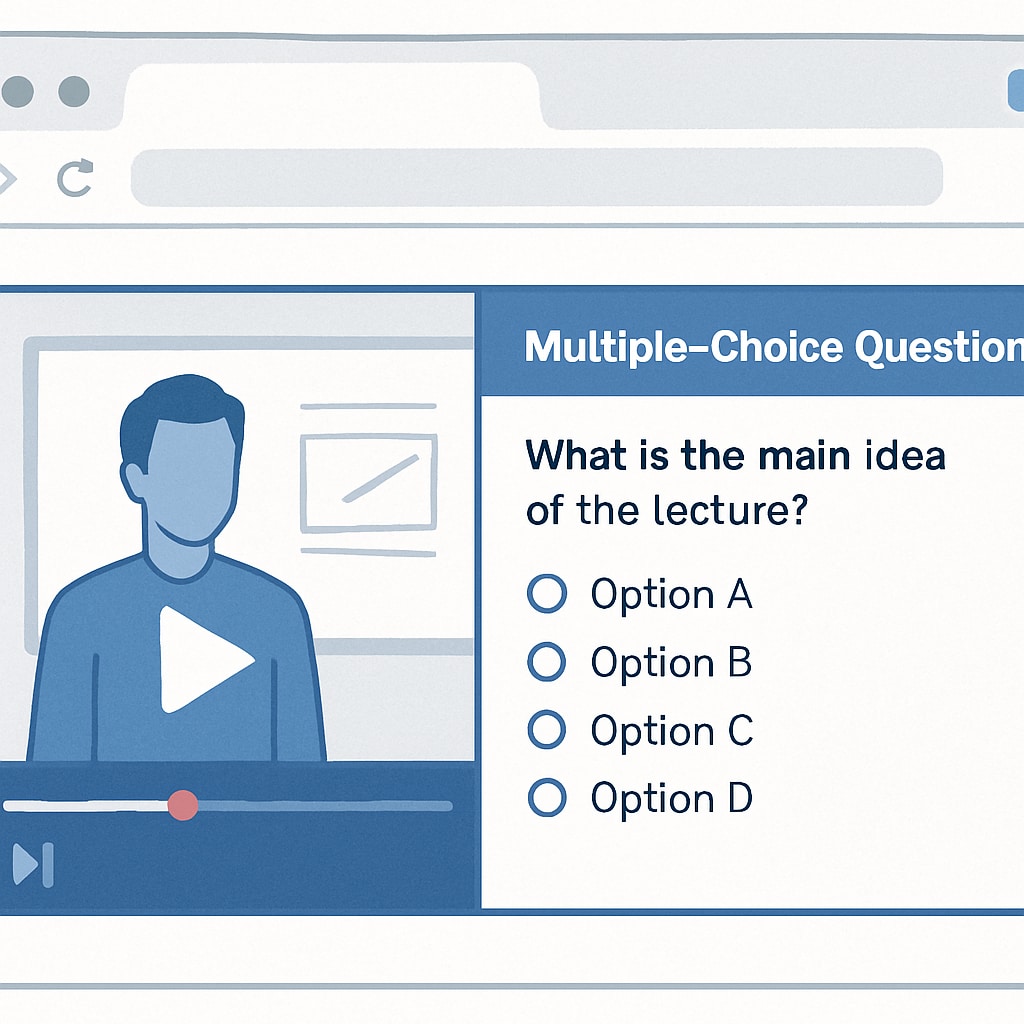 A screenshot of a browser extension overlay showing multiple-choice questions during a paused educational video, with a clean blue-and-white interface Browser extension for attention retention during online learning