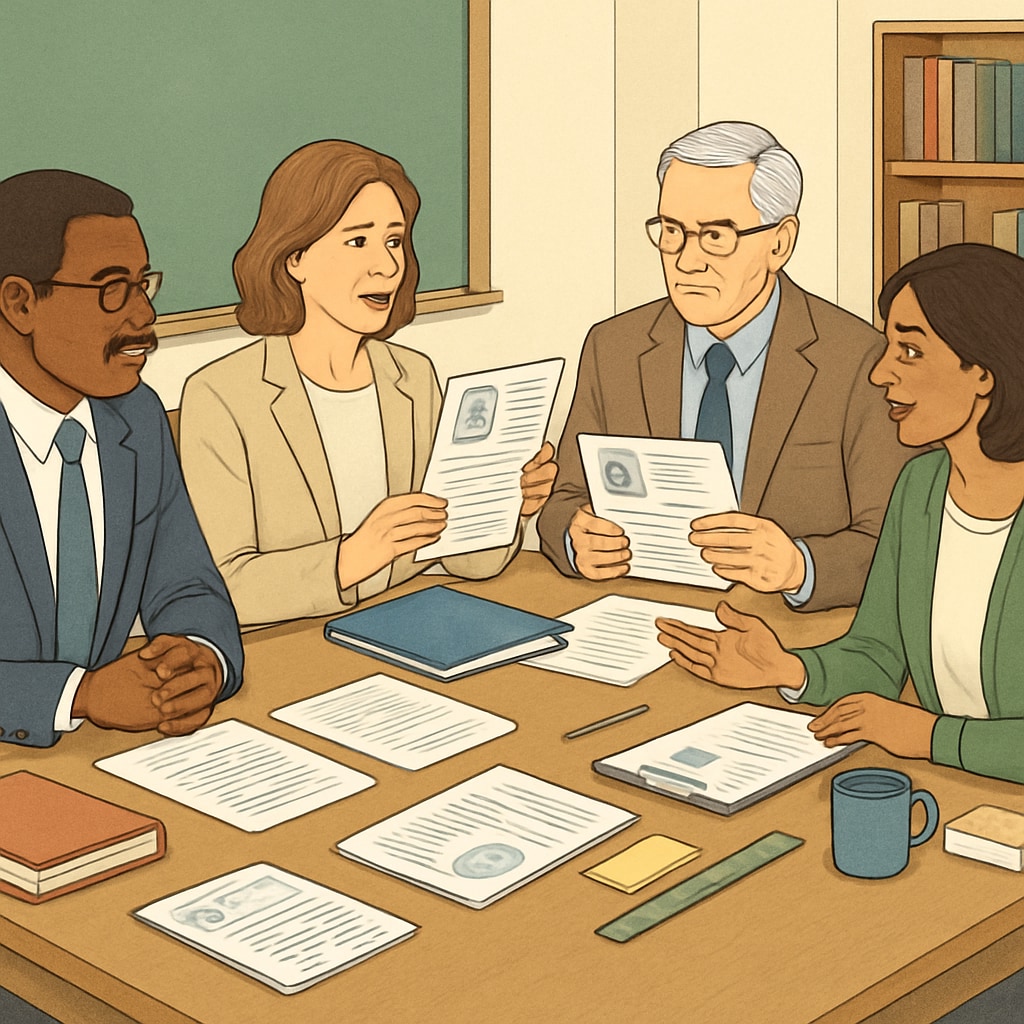 A diverse group of private school administrators evaluating candidate profiles during hiring committee meeting Private school recruitment team assessing teaching candidates