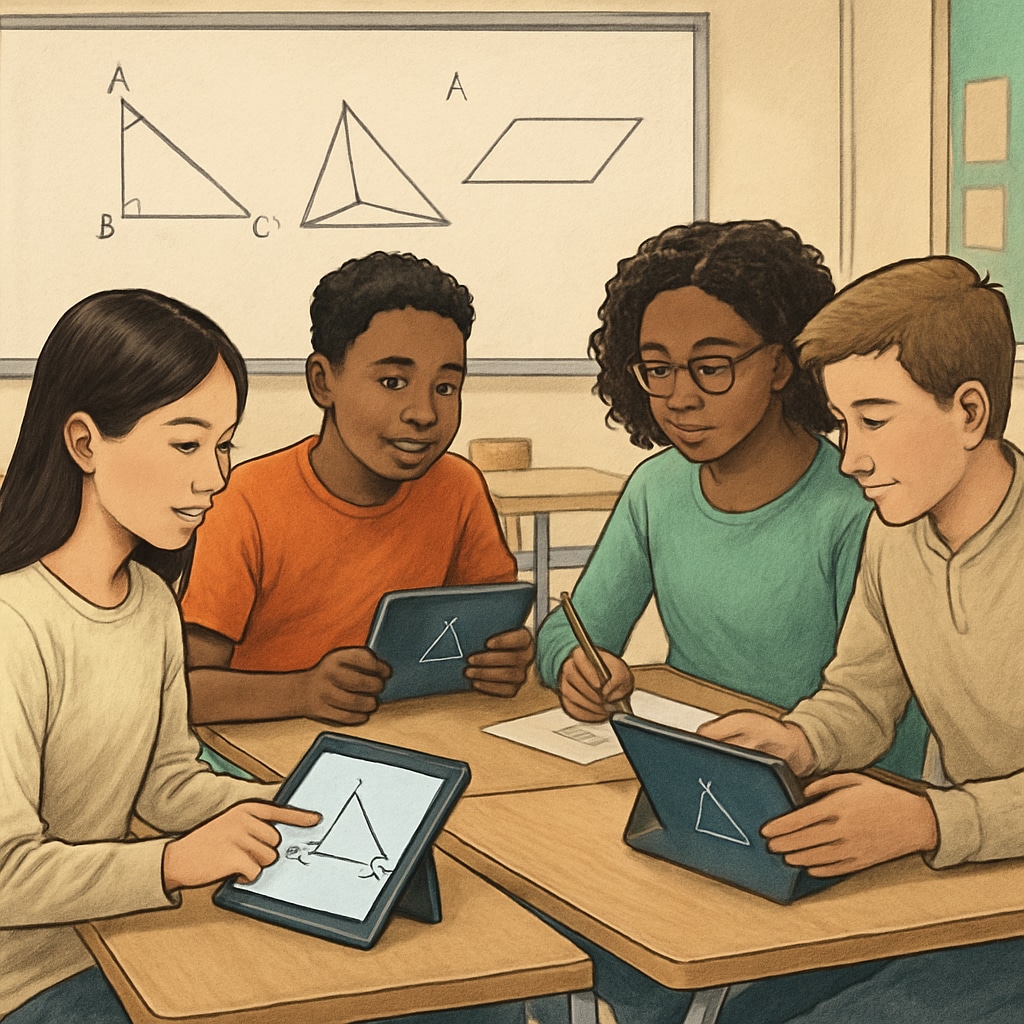 Diverse group of high school students collaborating on geometry problems using tablet applications in a classroom setting Students using geometry applications in US high school classroom