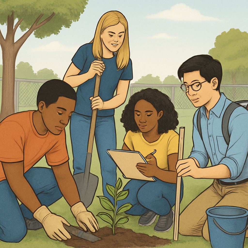 Diverse students working together outdoors on a service-learning project, showing practical application of classroom knowledge Students developing life skills through community engagement