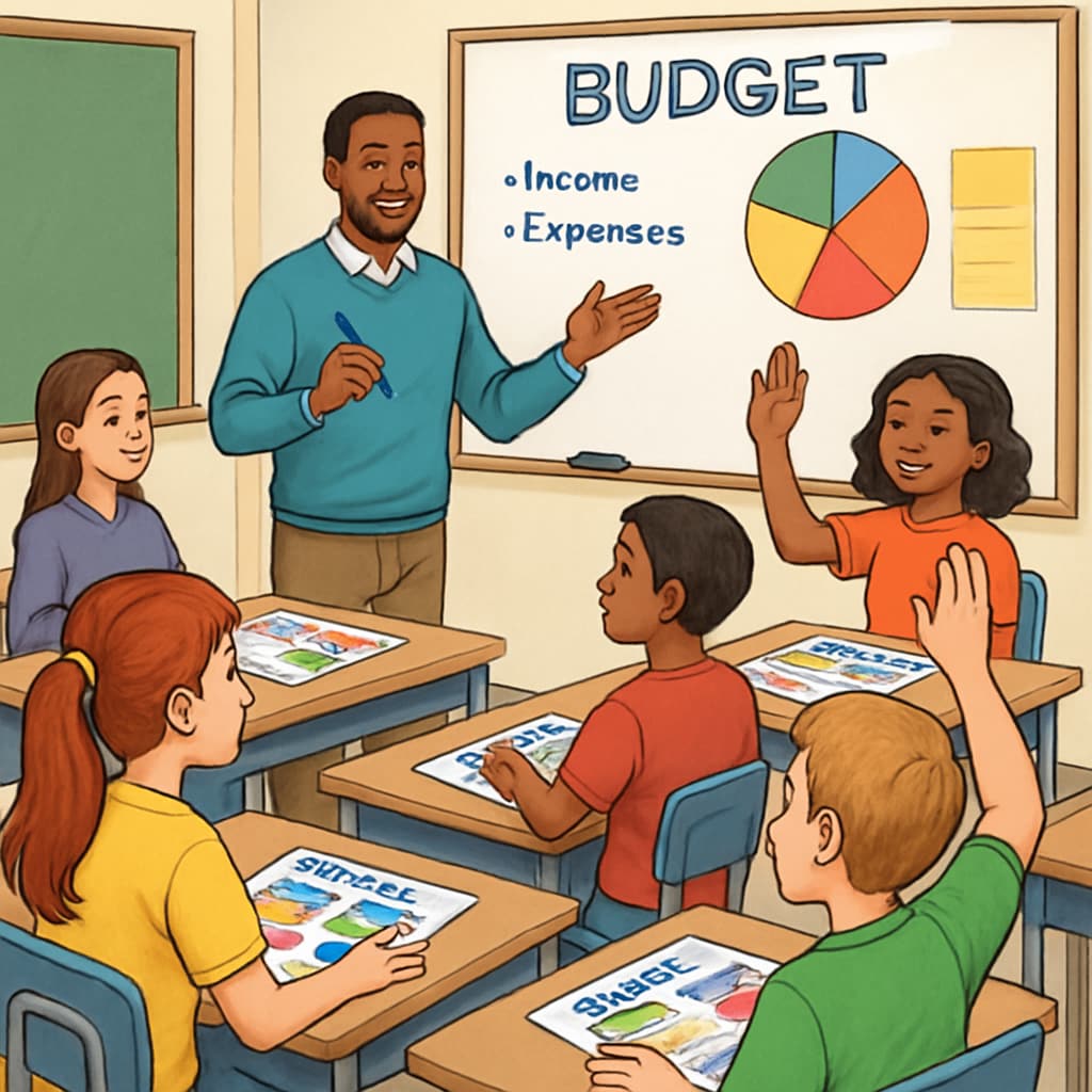 Teacher facilitating financial literacy workshop with colorful budget worksheets and student participation Practical money management lesson in classroom setting