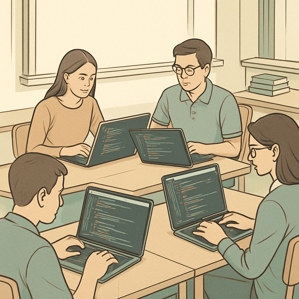 Computer science students at university working on programming assignments