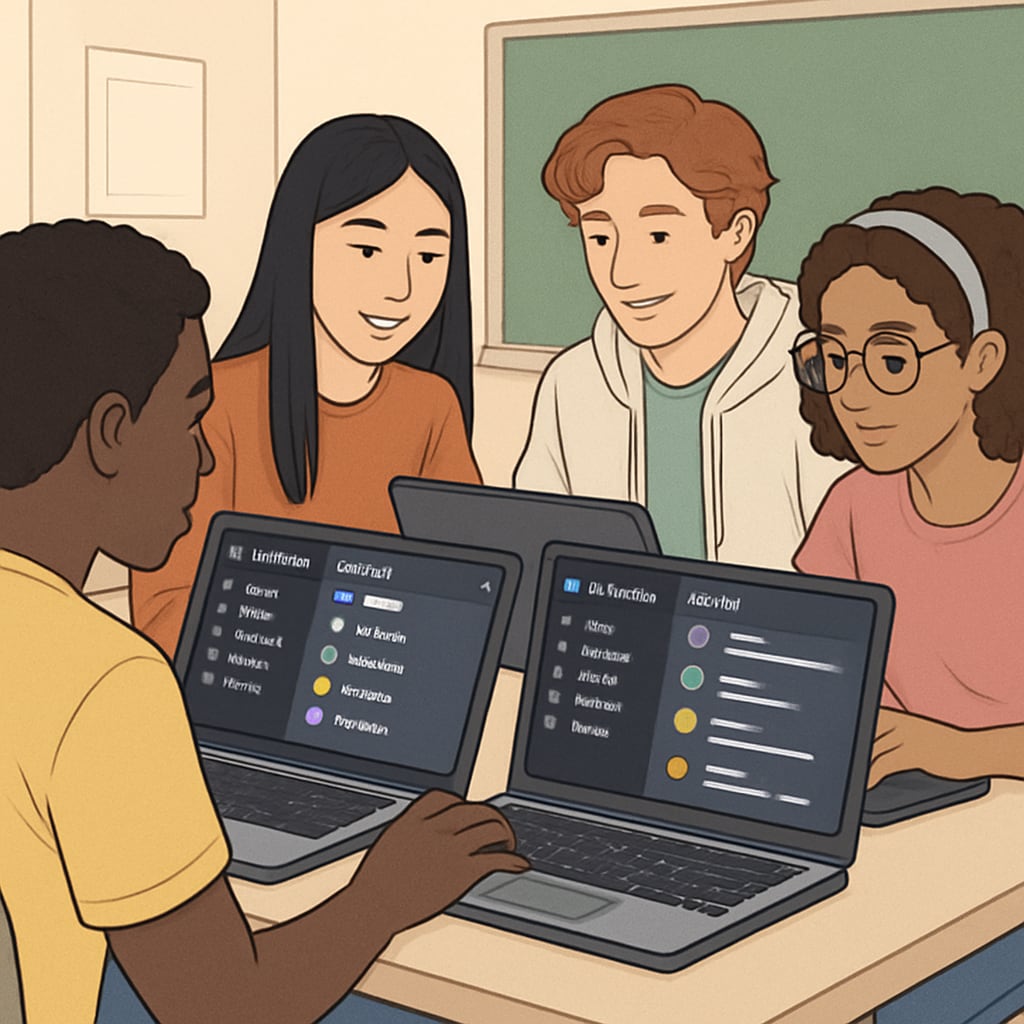Diverse group of high school students working together on laptops, with visible Discord study group interface showing organized subject channels Students participating in Discord learning groups for academic collaboration