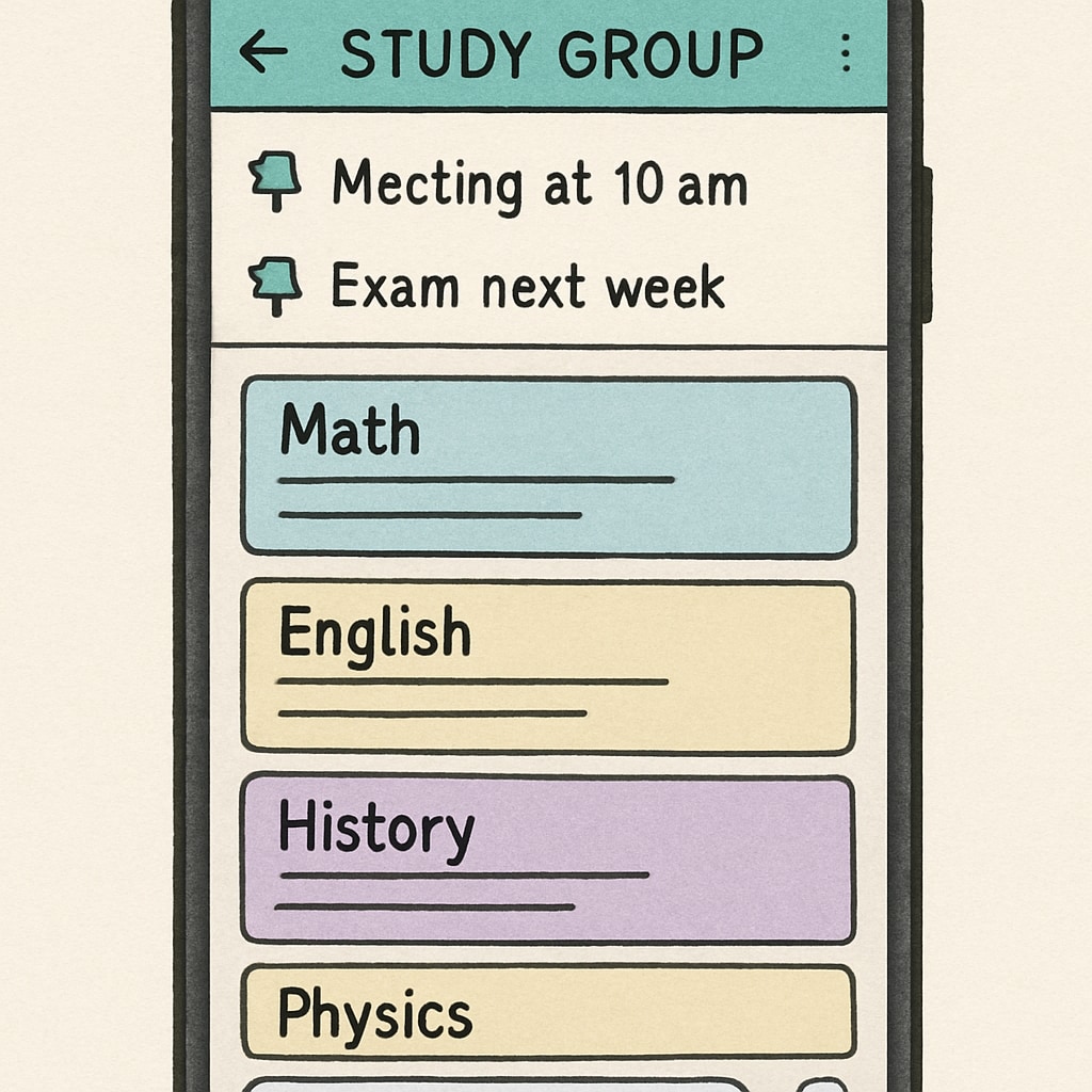 Smartphone displaying well-organized WhatsApp study group with different colored subject threads and pinned important messages Effective WhatsApp study group organization for K12 students