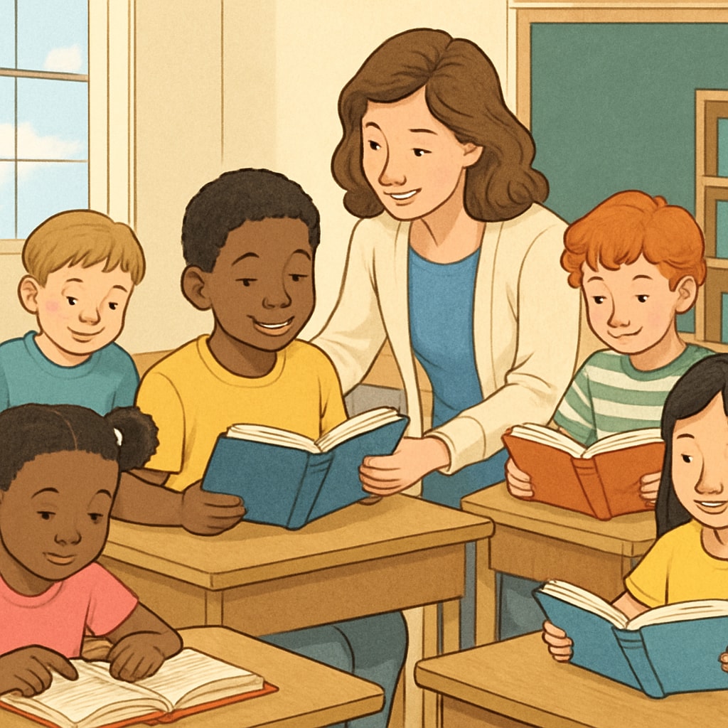 Diverse group of elementary school children reading books in classroom with teacher assisting a student Racial diversity in reading proficiency education statistics