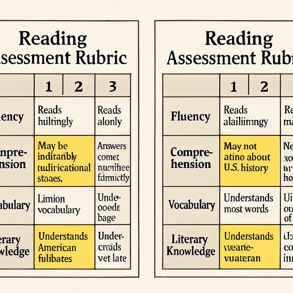 Side-by-side comparison of reading assessment rubrics with highlighted sections showing cultural bias indicators Cultural bias in reading proficiency measurement tools