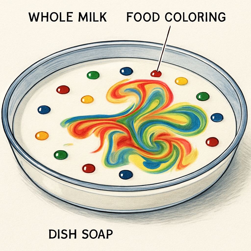 Colorful surface tension experiment with milk and food coloring
