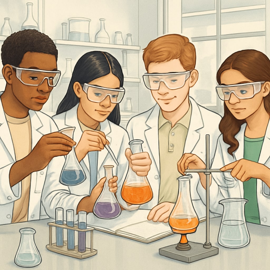 Group of diverse high school students wearing safety goggles while conducting chemistry experiments in a modern laboratory setting Students working on chemistry research projects in high school lab