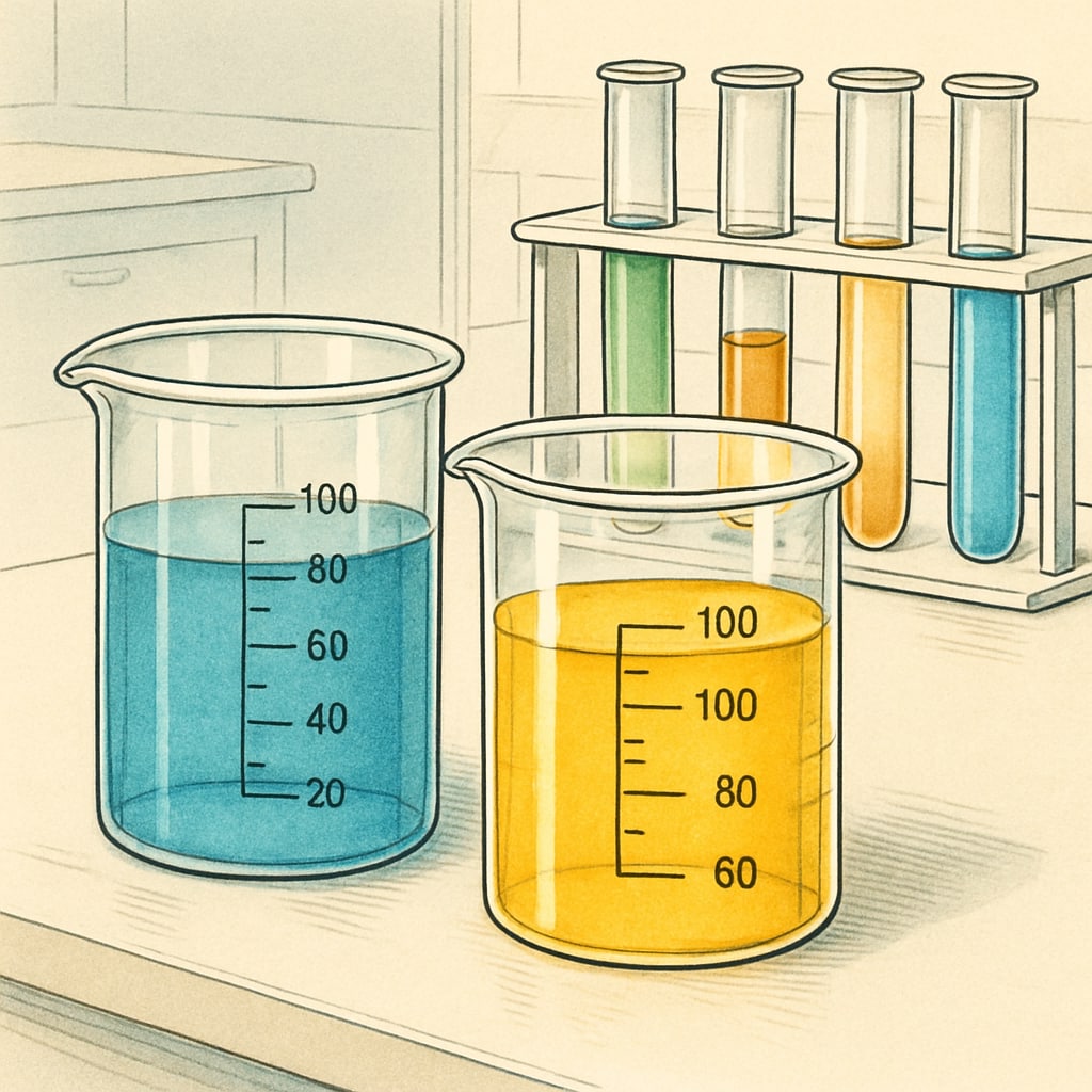 Close-up view of colorful chemical solutions in beakers and test tubes with precision scales on a laboratory bench Chemistry lab equipment for high school research projects