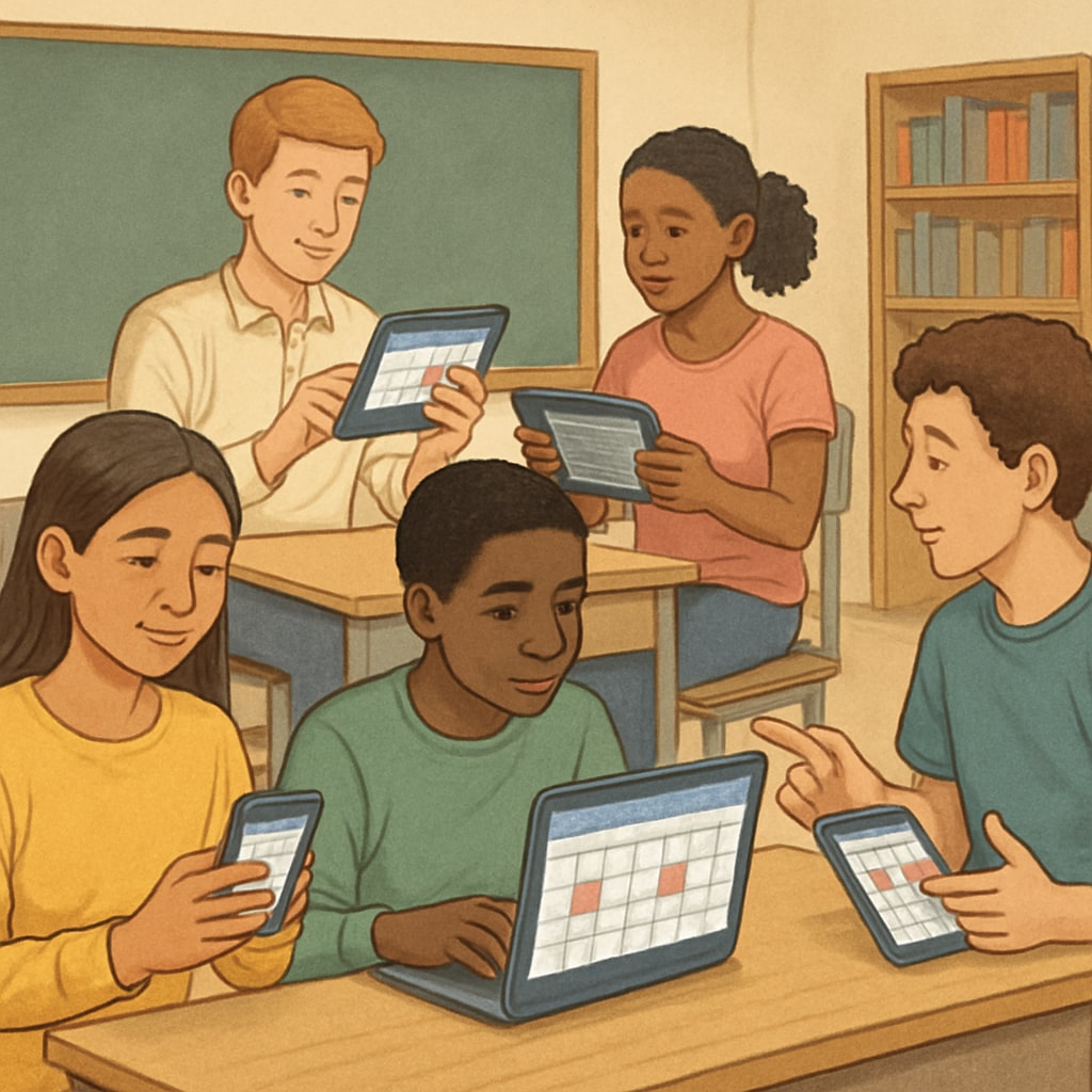 A diverse group of students using calendar apps on various devices (laptop, tablet, smartphone) in a classroom setting Students using free calendar apps for organization