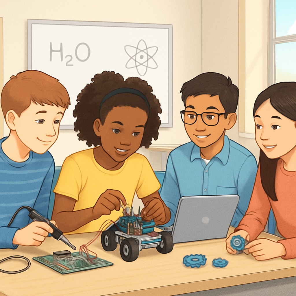 Diverse middle school students collaborating on STEM project in modern classroom Middle school academic preparation for international universities