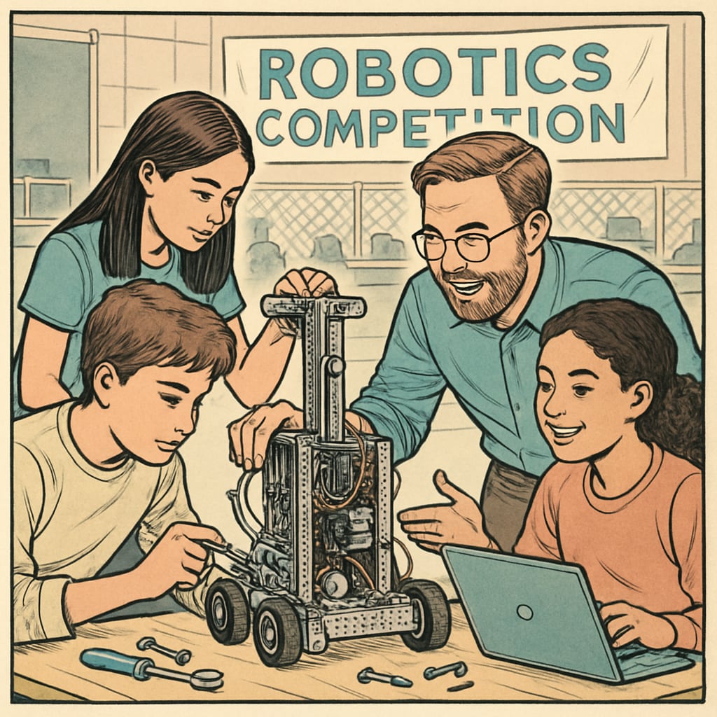 Teenagers building robot with adult mentor at school competition Meaningful extracurricular activities for college preparation