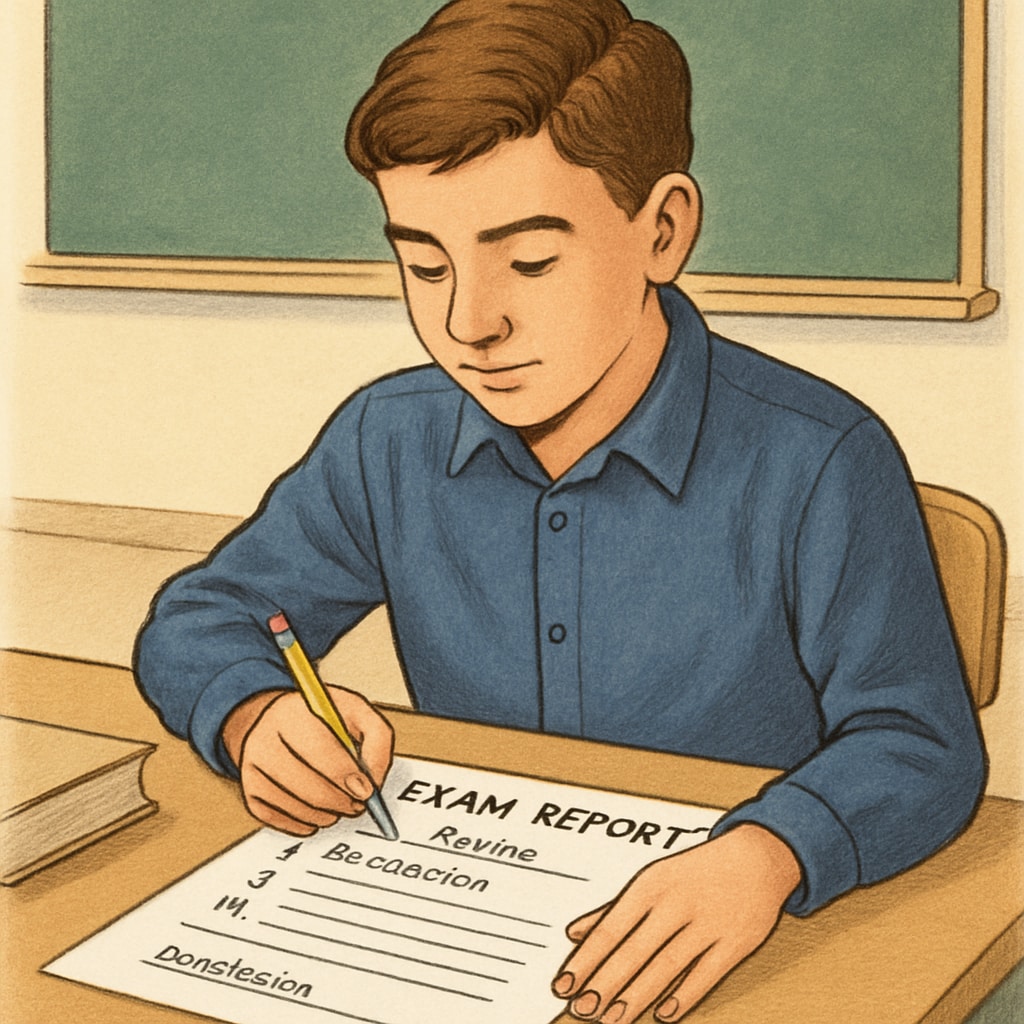 High school student writing exam report at desk with visible structured outline Student applying report writing techniques for exam preparation