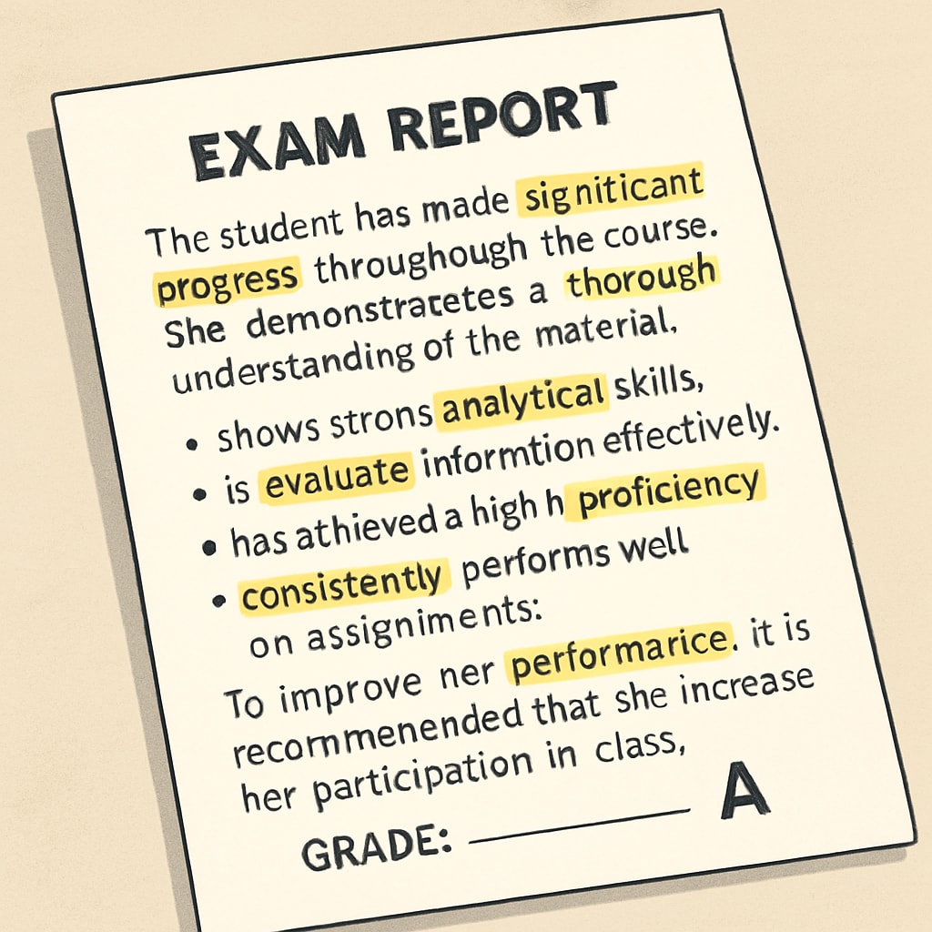 Close-up of well-written exam report with highlighted academic vocabulary Academic writing skills demonstrated in exam report