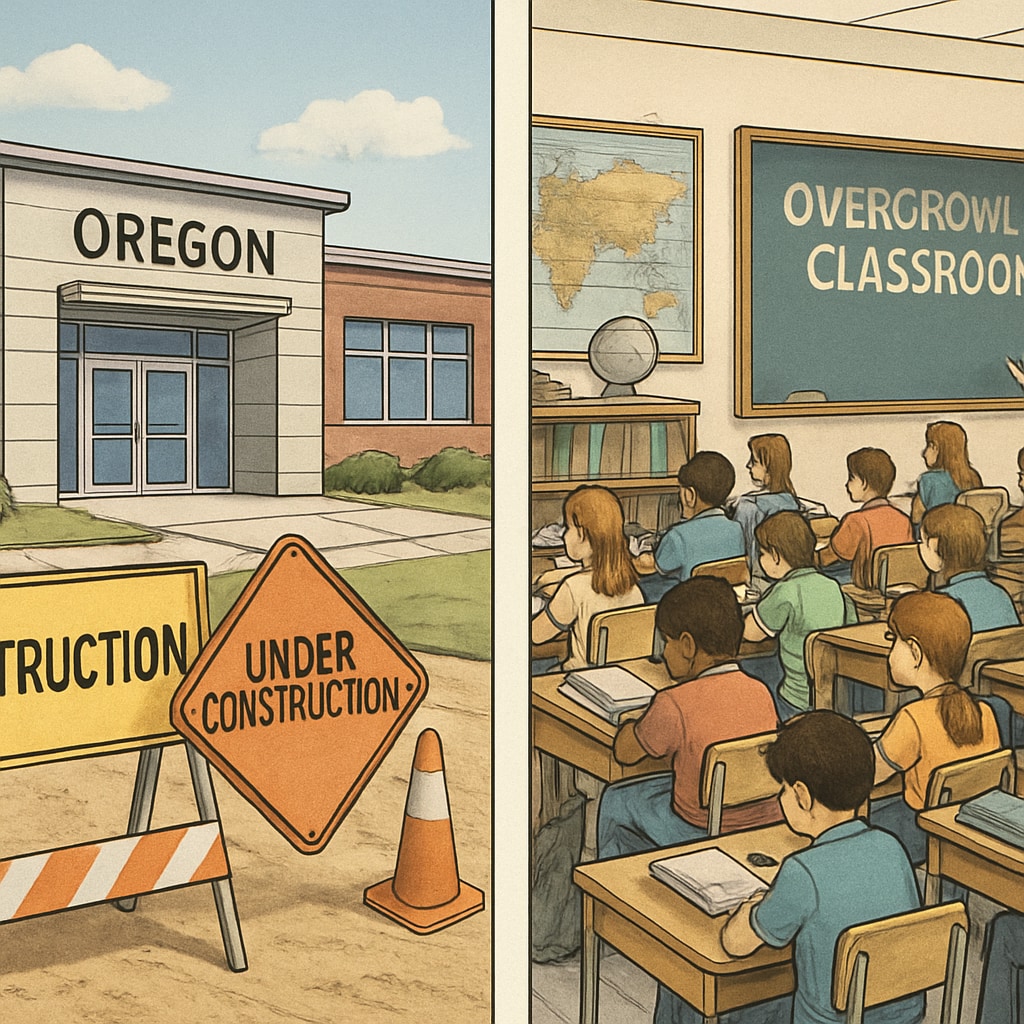 Contrast image showing a modern Oregon school building with construction signage alongside an overcrowded classroom with outdated resources Oregon school bond projects vs. classroom funding shortages