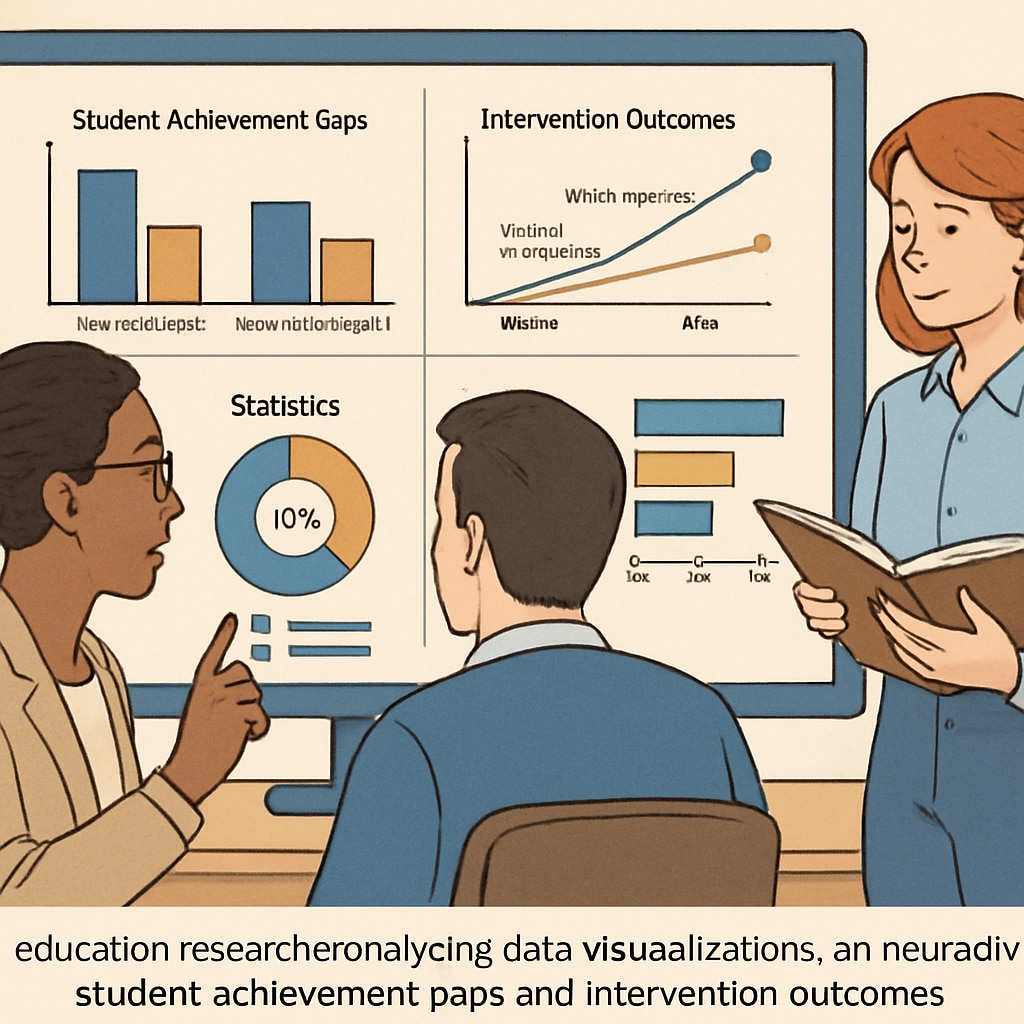 Three education researchers reviewing data visualizations on a large monitor, showing statistics about neurodivergent student achievement gaps and intervention outcomes. Education researchers analyzing systemic reform data