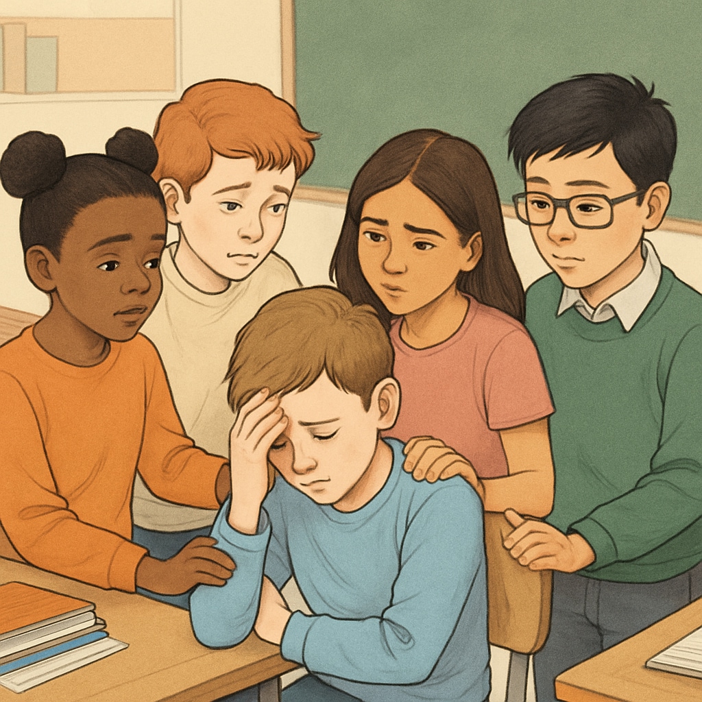 Group of diverse students comforting a classmate who appears upset Peer support for mental health challenges in school environment
