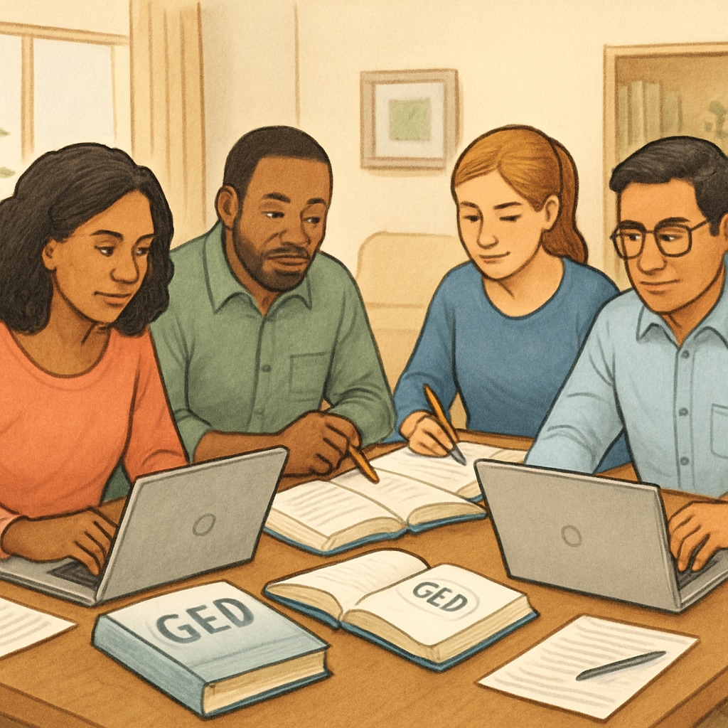 Diverse group of adult students studying for GED tests using laptops and physical textbooks in a home setting Online GED course students engaged in distance learning