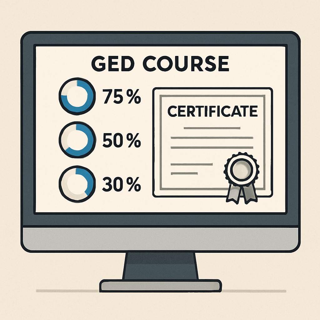 Computer screen displaying GED course completion progress with percentage indicators and digital certificate templates GED online course progress tracking dashboard