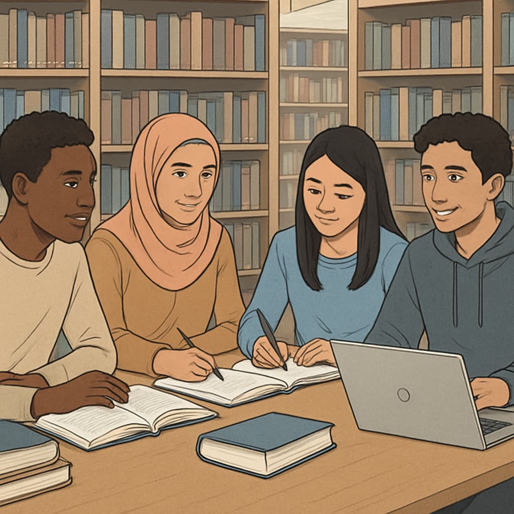 Diverse group of students studying together in a library, representing asylum-seeking youth Asylum-pending students collaborating on college coursework