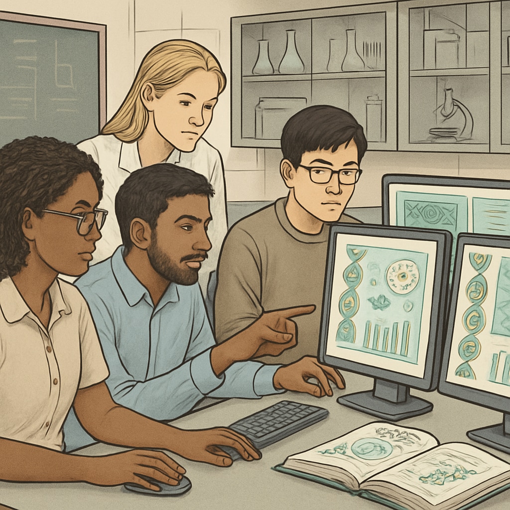 A diverse group of students collaborating around computers in a modern laboratory, analyzing biological data visualizations Bioinformatics students working together to solve programming challenges