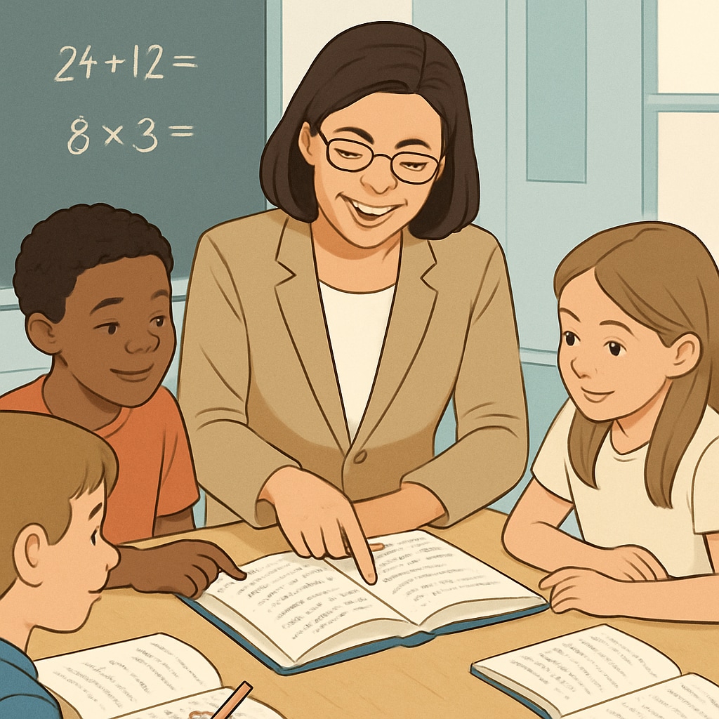 Teacher helping small group of students with math problems at classroom table, smiling and pointing to textbook Math teacher assisting students with university mathematics frequent questioning learning difficulties