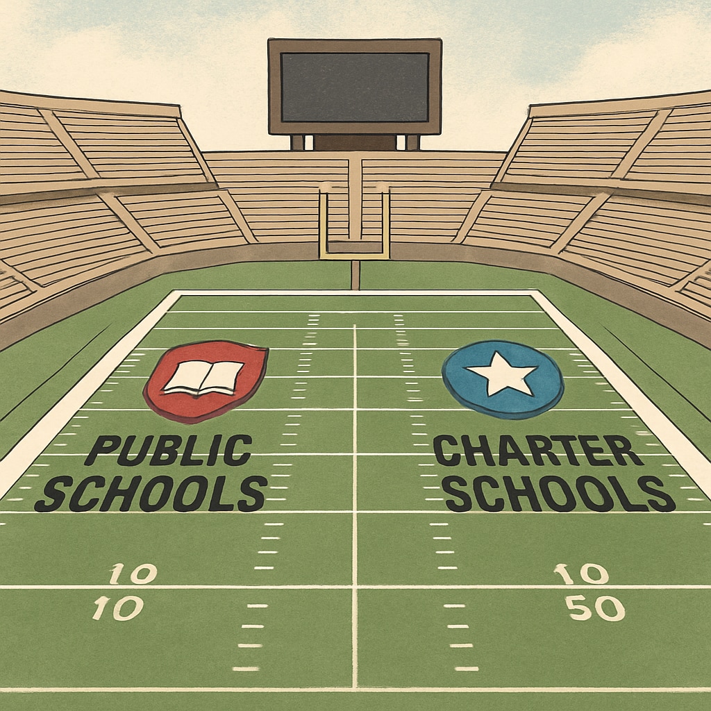 An empty football stadium with visible markings showing public school and charter school logos on opposite sides of the field, symbolizing the division of resources Public school vs charter school sports facility debate