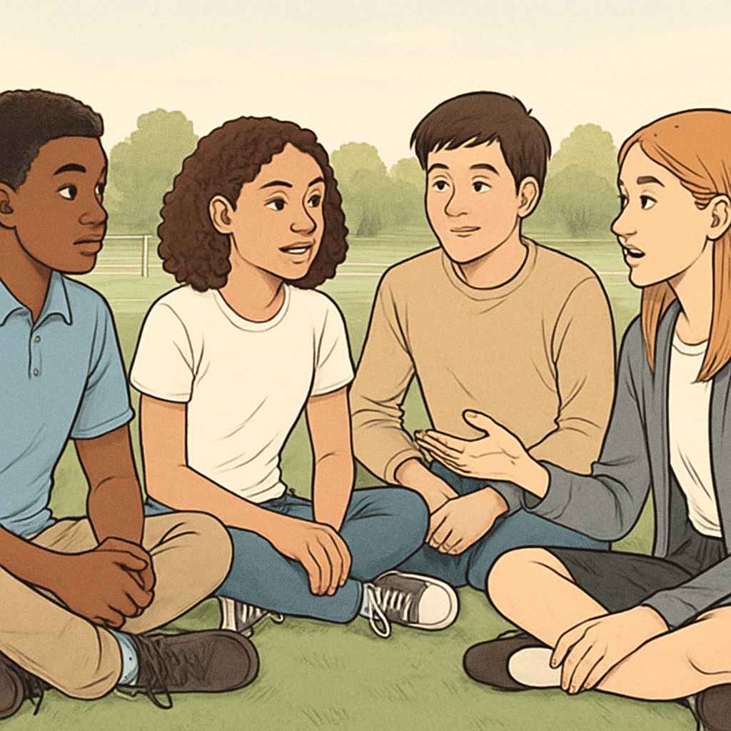Diverse group of high school students having a discussion while sitting on a school sports field Students discussing school choice and athletics