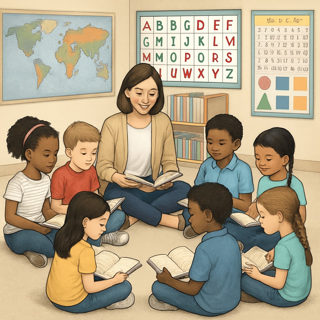 Children learning reading skills with teacher in classroom