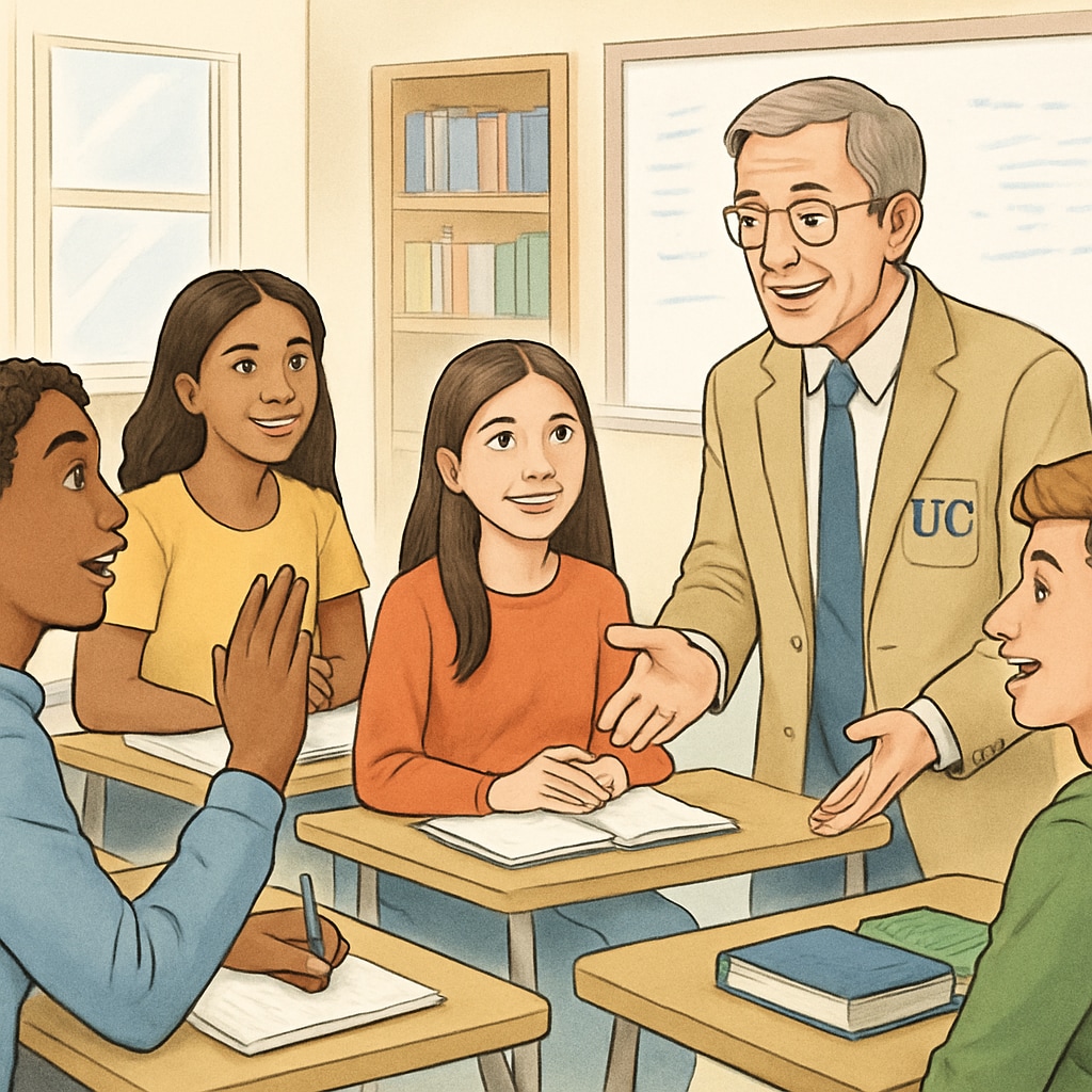 Diverse high school students engaged in discussion with a UC professor in a classroom setting, showing active learning K12 students consulting with UC employee about academic questions