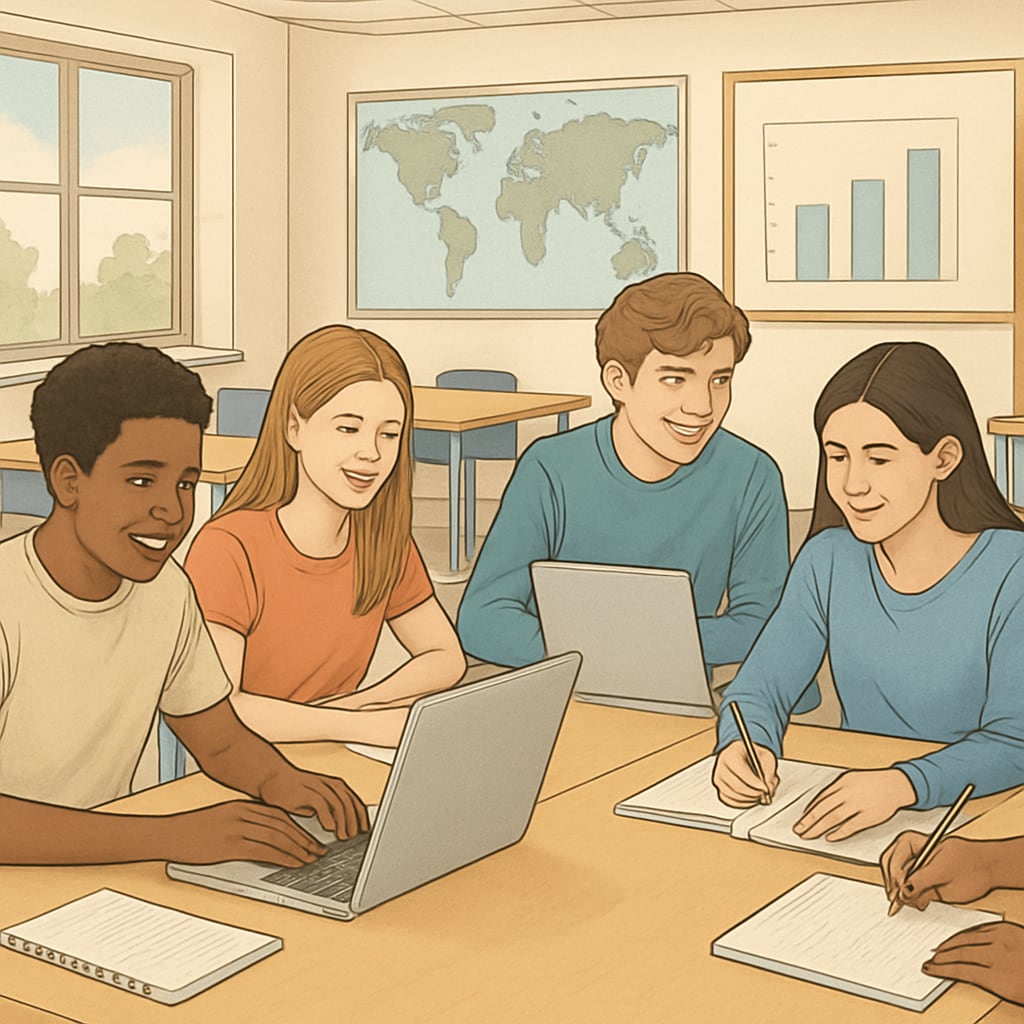 Diverse students aged 14-18 working together at classroom tables with laptops and notebooks, showing collaborative learning environment K12 students engaging in collaborative learning for academic success