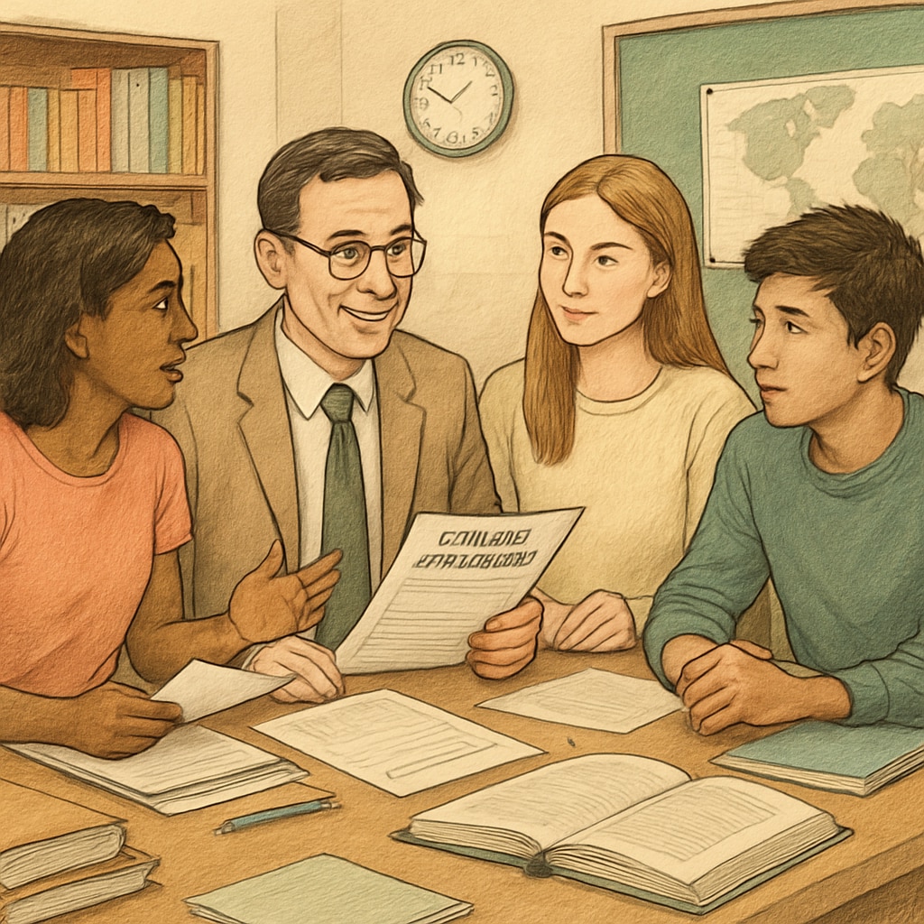Professional school counselor reviewing college applications with diverse group of three high school students College preparation counseling session in successful K12 institution