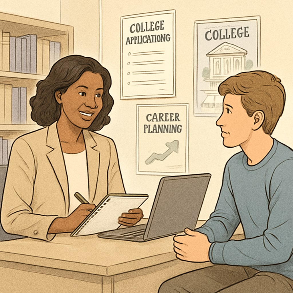 A professional school counselor meeting with a high school student to discuss college applications School counselor providing academic guidance