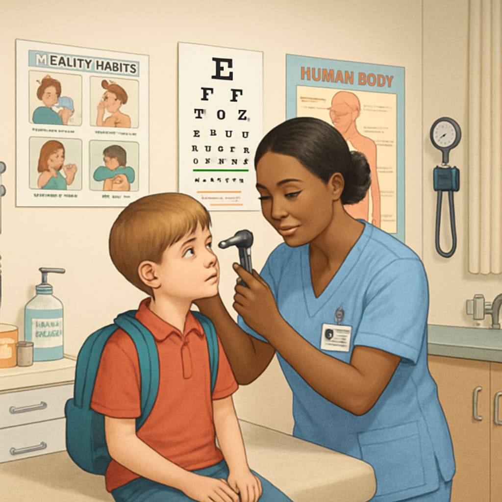 A licensed nurse examining a young student in a well-equipped school health office School nurse performing routine health check