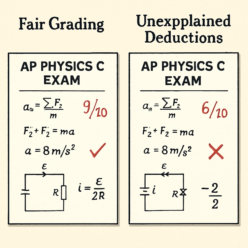 Comparison image showing two AP Physics C exams - one with fair grading annotations versus another with unexplained mark deductions Evidence of teacher misconduct in AP Physics C grading