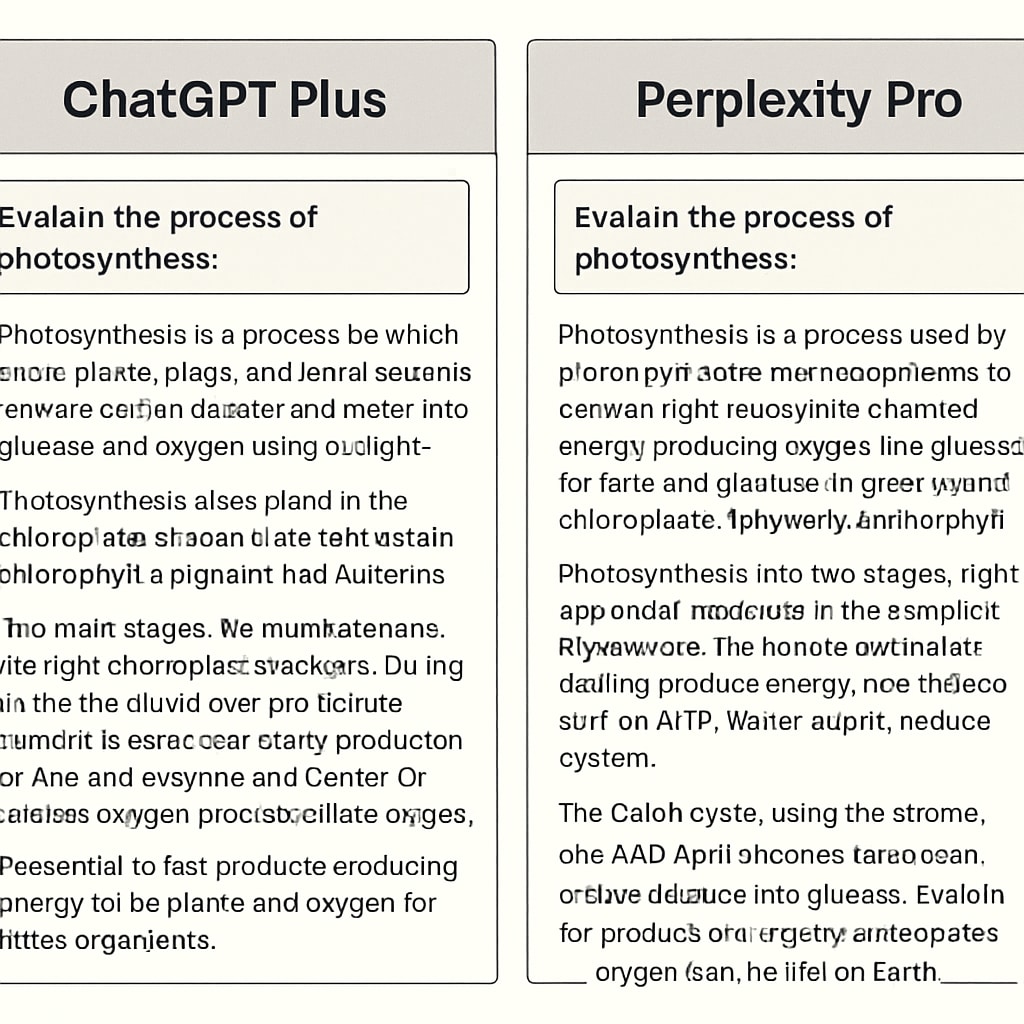 Comparison screenshot showing ChatGPT Plus (left) and Perplexity Pro (right) responding to the same academic question about photosynthesis AI subscription services academic comparison between ChatGPT Plus and Perplexity Pro