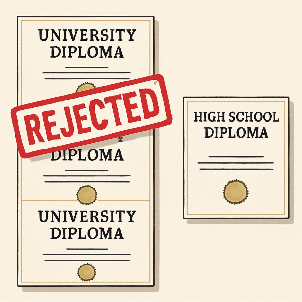 A visual comparison showing three university diplomas stacked vertically beside a single high school diploma, with a bright red Arizona employment policy paradox - college degrees rejected for missing high school diploma