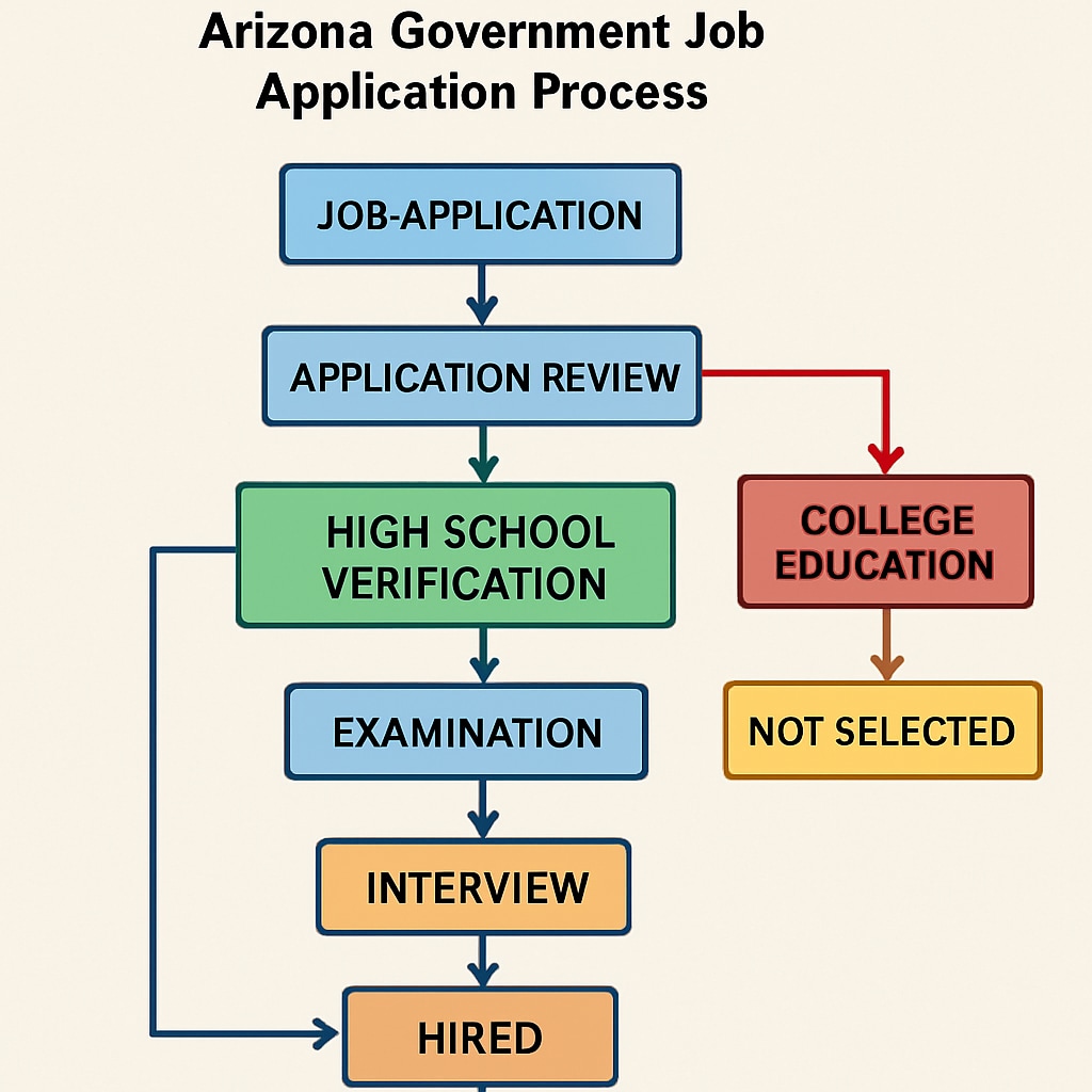 Flowchart diagram illustrating Arizona government job application process with color-coded steps, emphasizing the Flawed hiring process flowchart showing education verification steps